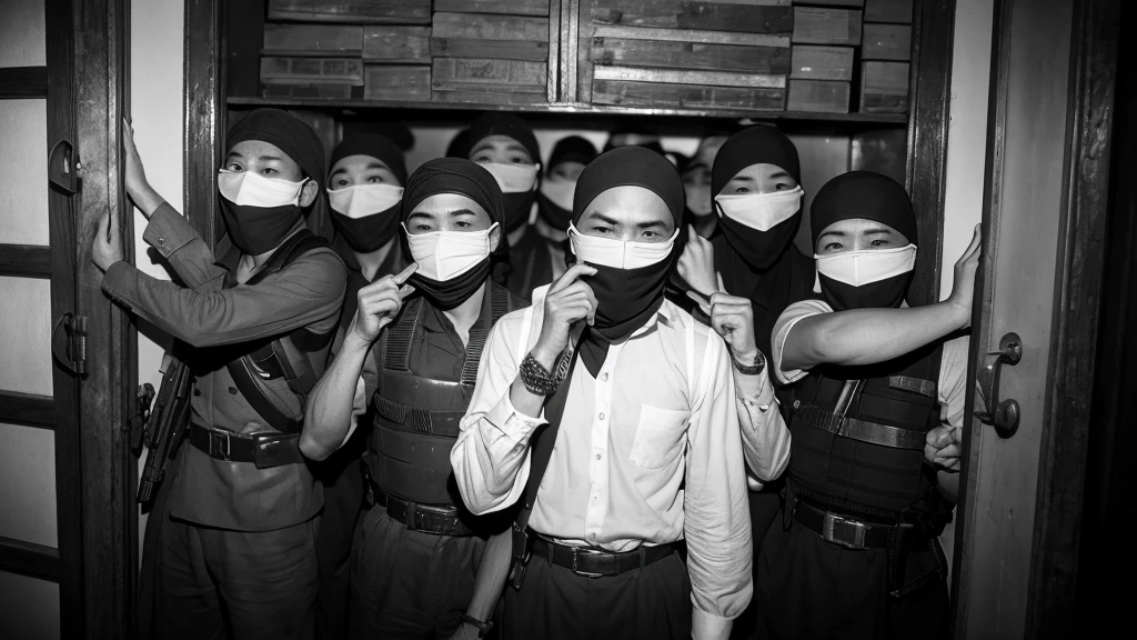 1930s, monochrome photography, A group of terrorists in Southeast Asia, have a hammer, (break a store window), mouth and nose covered with a black bandana, 32K, Best quality, Masterpiece, super detail, High Details,