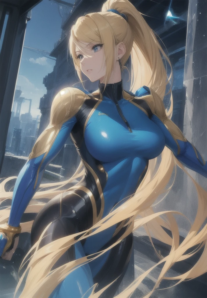 (anime,masterpiece, top quality, best quality,beautiful and aesthetic:1.2,professional illustrasion:1.1,ultra detail:1.3, official art, professional illustrasion, Ultra-detailed depiction, Ultra-precise depiction, extremely detailed 8k illustration, highres, ultra detailed painting, soft shadows), (girl), samus aran \(cosplay\), cool beauty, milf, glossy, (golden long hair), (ponytail), big breasts, perfect body, pubic hair, blue samus aran suit,