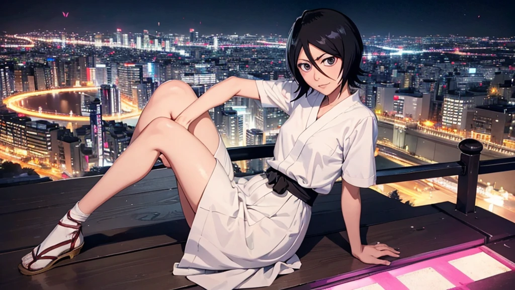 rukia from bleach full body protrat sitting on a hill watching over a tokyo at night turning here face to look at u wile smiling