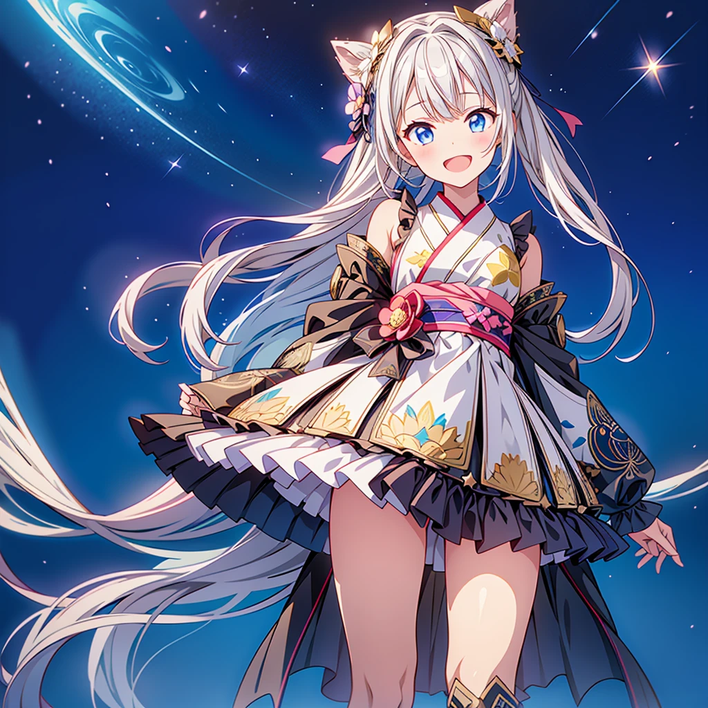 1GIRL,Star Fairy、(masterpiece, Highest quality), One girl, 「Beautifully printed galaxy patterned kimono and gothic lolita outfits.、Space Pattern Ruffle Box Pleated tand in front of the audience、Knee-high boots、Captivating eyes、Perfect and amazing face、Exquisite detail、Clear images、Highest quality。」Milky white and blue gradient long straight hair、smile、Laughing happily、