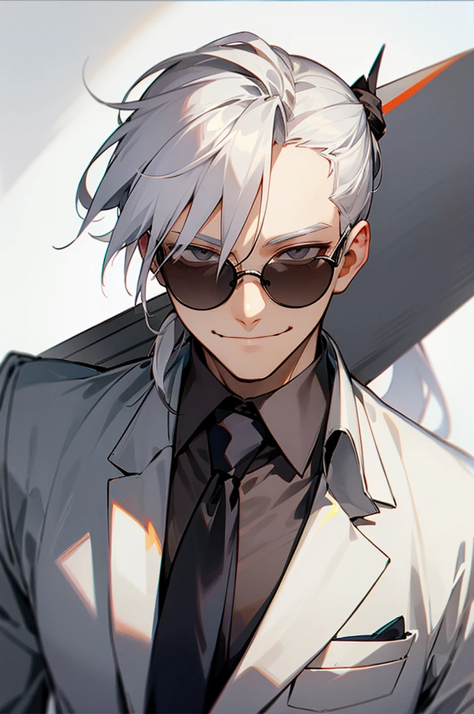 Ponytail tied style, white hair, gray eyes, wearing dark glasses, gray school shirt, wearing a necktie, man, smiling face with a confident look.