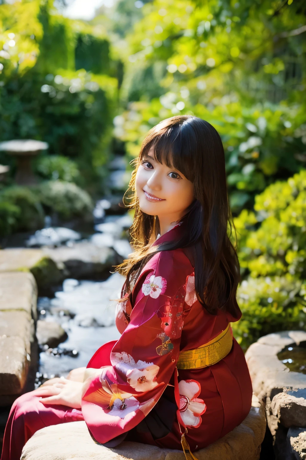 An 18-year-old girl wearing a kimono. She is dressed in a vermillion kimono and has big, round eyes. Sitting in a Japanese room, she gazes out at the garden with a gentle smile. Her profile is beautiful, and her eyes show a calm and kind expression. Outside the window, a beautiful Japanese garden extends, with well-maintained trees and flowers and a small stream flowing quietly. The image should be of the highest quality, resembling a realistic photograph.