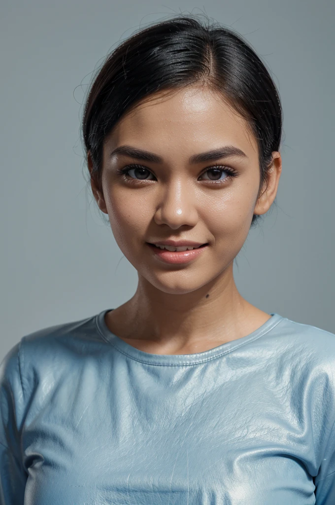 Create cartoonish caricature 3D animation with a big head. a 19 year old Indonesian woman. She has short, black pixie-cut hair. Her face is oval-shaped with smooth lines, thick and neat black eyebrows, normal eyes, a small pointed nose, and thin lips with a wide, friendly smile. She is wearing a light grey leather jacket over a white t-shirt. Gradient blue background with professional lighting. masterpiece, top quality, skin and face very detailed, ultra-realistic, high definition, studio lighting, sharp focus, body angle 2/3, Concept Art, 3D render.