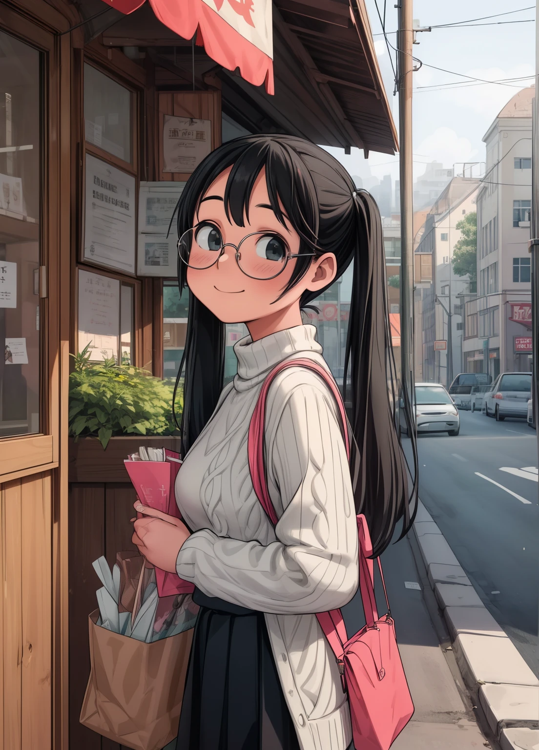 (masterpiece、Highest quality、Highest quality、Official Art、Beautiful and beautiful:1.2)、(One girl:1.3)Hatsune Miku、Twin tails,Beautiful breasts,Highest quality, Super detailed, figure,
One girl, Glasses, Black Hair, Long Hair, Happy, smile, View your viewers, Are standing, Focus Only, Ribbed sweater, skirt, Handbags,
tenkaippin, Poster (object), Outdoor, wood, road, swoodt, shop, sign, shop頭, lanthanum, building, paper lanthanum, banner, paved, Real-world locations, Day, plant,
