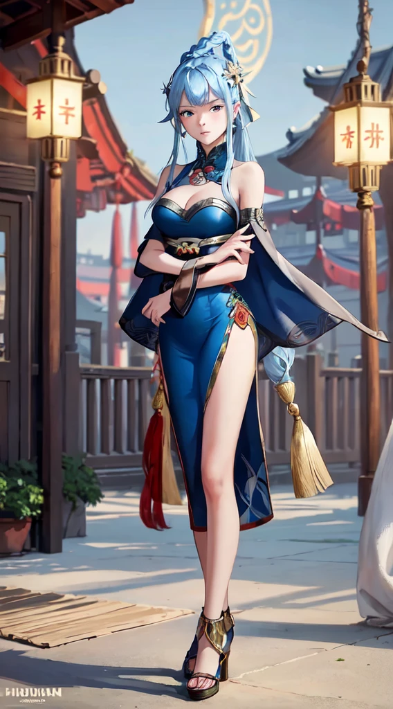 ((big breasts)), 1girl, solo, long hair, looking at viewer, hair ornament, big breasts and exposed breasts, dress, bare shoulders, closed mouth, blue hair, yellow eyes, braid, artist name, a slim navel, blue dress, chinese clothes, china dress, light blue hair,, Jordyn Huitema, (masterpiece,best quality:1.5), (masterpiece,best quality:1.5), Chinese imperial palace, feudal China, stand upright and relax both arms, wooden castle, lake, (lantern), sparkling, (masterpiece,best quality:1.5), (masterpiece,best quality:1.5), butt up in the air