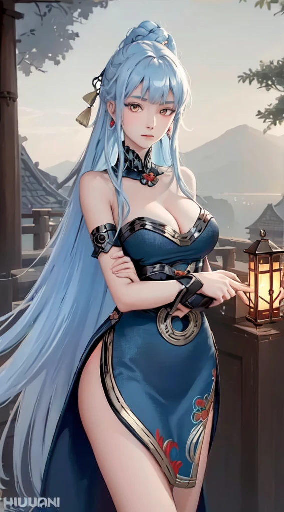 ((big breasts)), 1girl, solo, long hair, looking at viewer, hair ornament, big breasts and exposed breasts, dress, bare shoulders, closed mouth, blue hair, yellow eyes, braid, artist name, a slim navel, blue dress, chinese clothes, china dress, light blue hair,, Jordyn Huitema, (masterpiece,best quality:1.5), (masterpiece,best quality:1.5), Chinese imperial palace, feudal China, stand upright and relax both arms, wooden castle, lake, (lantern), sparkling, (masterpiece,best quality:1.5), (masterpiece,best quality:1.5), butt up in the air