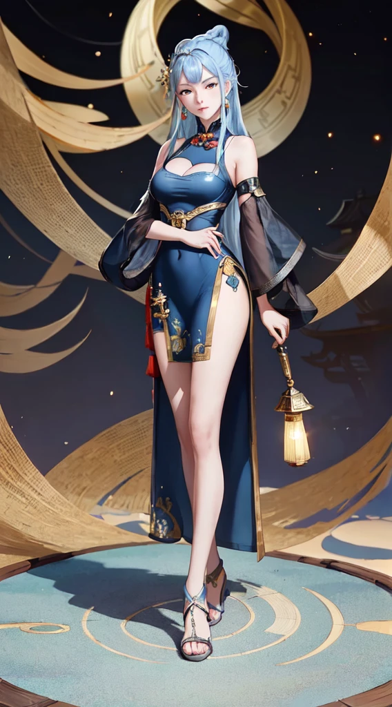 ((big breasts)), 1girl, solo, long hair, looking at viewer, hair ornament, big breasts and exposed breasts, dress, bare shoulders, closed mouth, blue hair, yellow eyes, braid, artist name, a slim navel, blue dress, chinese clothes, china dress, light blue hair,, Jordyn Huitema, (masterpiece,best quality:1.5), (masterpiece,best quality:1.5), Chinese imperial palace, feudal China, stand upright and relax both arms, wooden castle, lake, (lantern), sparkling, (masterpiece,best quality:1.5), (masterpiece,best quality:1.5), butt up in the air