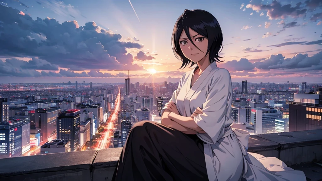 rukia from bleach full body protrat sitting on a hill watching over a tokyo at night turning here face to look at u wile smiling