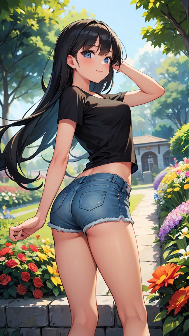 (8K, Live shooting, best quality, muste piece: 1.2), High-definition RAW color photo, Professional photography, cinematic light, ((1 girl)), focus on butt, (Low - Angle:1.2), super cute face, (black long hair), smile, Gorgeous body, glossy lips, slender body, big breasts, small butt, ((T-shirt, denim shorts, )), with your back turned:1.5, Are standing:1.2, Turn around pose, natural makeup, long eyelashes, shiny hair, asymmetrical bangs, tanned skin, pretty face, beautiful detailed eyes, beautiful body, beautiful chest, beautiful thighs, beautiful legs, (((clean fingers, 5 fingers on hand, five fingers))), (((flower garden, garden))), central image, high resolution, high detail, detailed hairstyle, detailed face, epic movie lighting, lively, hyper real, perfect limbs, perfect anatomy, anatomically correct,
