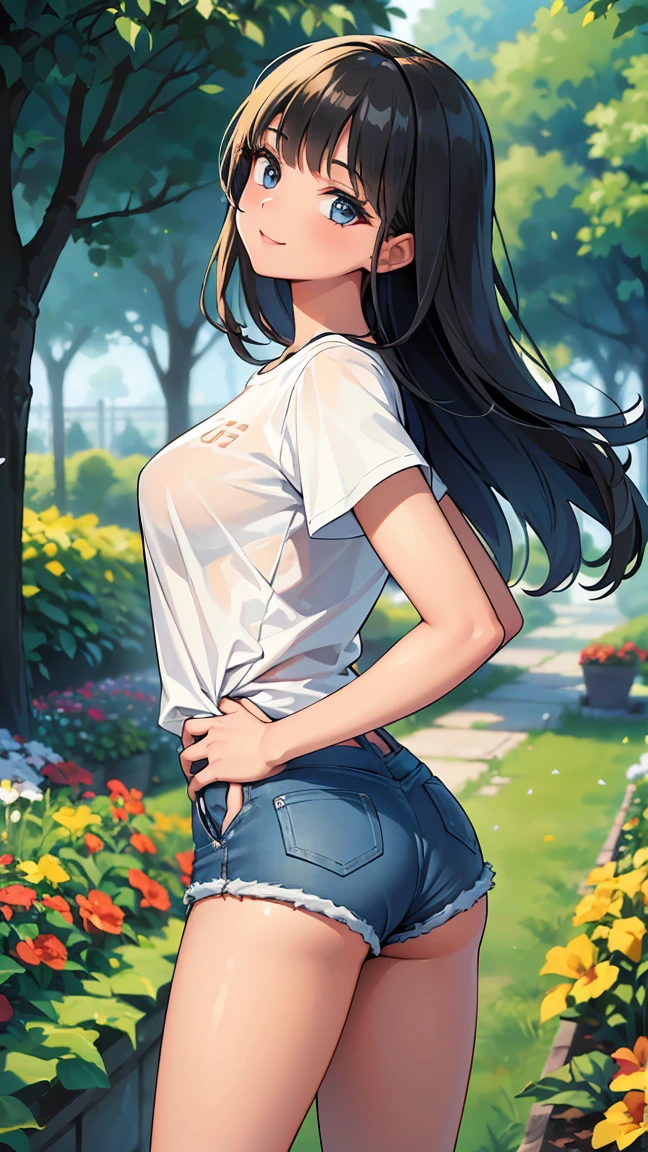 (8K, Live shooting, best quality, muste piece: 1.2), High-definition RAW color photo, Professional photography, cinematic light, ((1 girl)), focus on butt, (Low - Angle:1.2), super cute face, (black long hair), smile, Gorgeous body, glossy lips, slender body, big breasts, small butt, ((T-shirt, denim shorts, )), with your back turned:1.5, Are standing:1.2, Turn around pose, natural makeup, long eyelashes, shiny hair, asymmetrical bangs, tanned skin, pretty face, beautiful detailed eyes, beautiful body, beautiful chest, beautiful thighs, beautiful legs, (((clean fingers, 5 fingers on hand, five fingers))), (((flower garden, garden))), central image, high resolution, high detail, detailed hairstyle, detailed face, epic movie lighting, lively, hyper real, perfect limbs, perfect anatomy, anatomically correct,