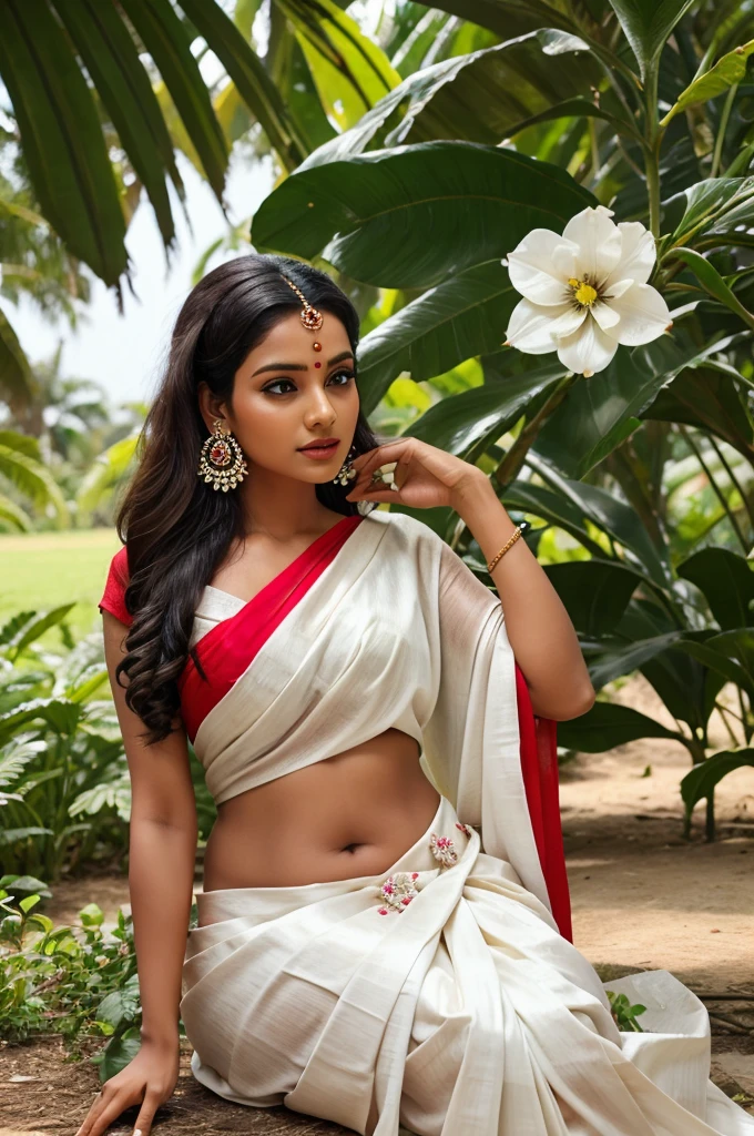 White n red combined saree. Bindi in forehead. Tan . Big earrings...white flower in head ..sit down in a tree