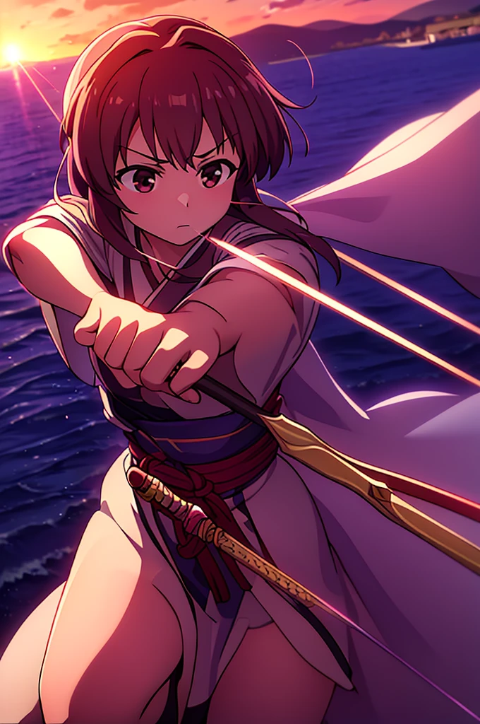 Highest quality, masterpiece, High resolution, alone, （Rurouni Kenshin ‗ Kenshin），（Glaring Eyes），roar，（spear) ，（Spear Thrust），Holding a spear，kimono，（Spear pose），（Jinhaori），Evening sky_background，Young Girl，Anime Style, Highest quality, 4K, masterpiece,， alone, 1,whole body，looking at the camera, Shinkai Makoto style, （yellow_coat）Sharp Eyes，Low posture，（(spear‗pose)) ，（Full Finger）, （Accurate fingertips）, （The finer details）, （Anatomically correct）, (映画のbackground), Hyper Detail, (Subtle details), (Intricate details),