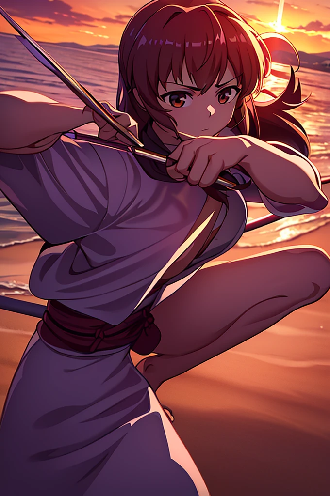 Highest quality, masterpiece, High resolution, alone, （Rurouni Kenshin ‗ Kenshin），（Glaring Eyes），roar，（spear) ，（Spear Thrust），Holding a spear，kimono，（Spear pose），（Jinhaori），Evening sky_background，Young Girl，Anime Style, Highest quality, 4K, masterpiece,， alone, 1,whole body，looking at the camera, Shinkai Makoto style, （yellow_coat）Sharp Eyes，Low posture，（(spear‗pose)) ，（Full Finger）, （Accurate fingertips）, （The finer details）, （Anatomically correct）, (映画のbackground), Hyper Detail, (Subtle details), (Intricate details),