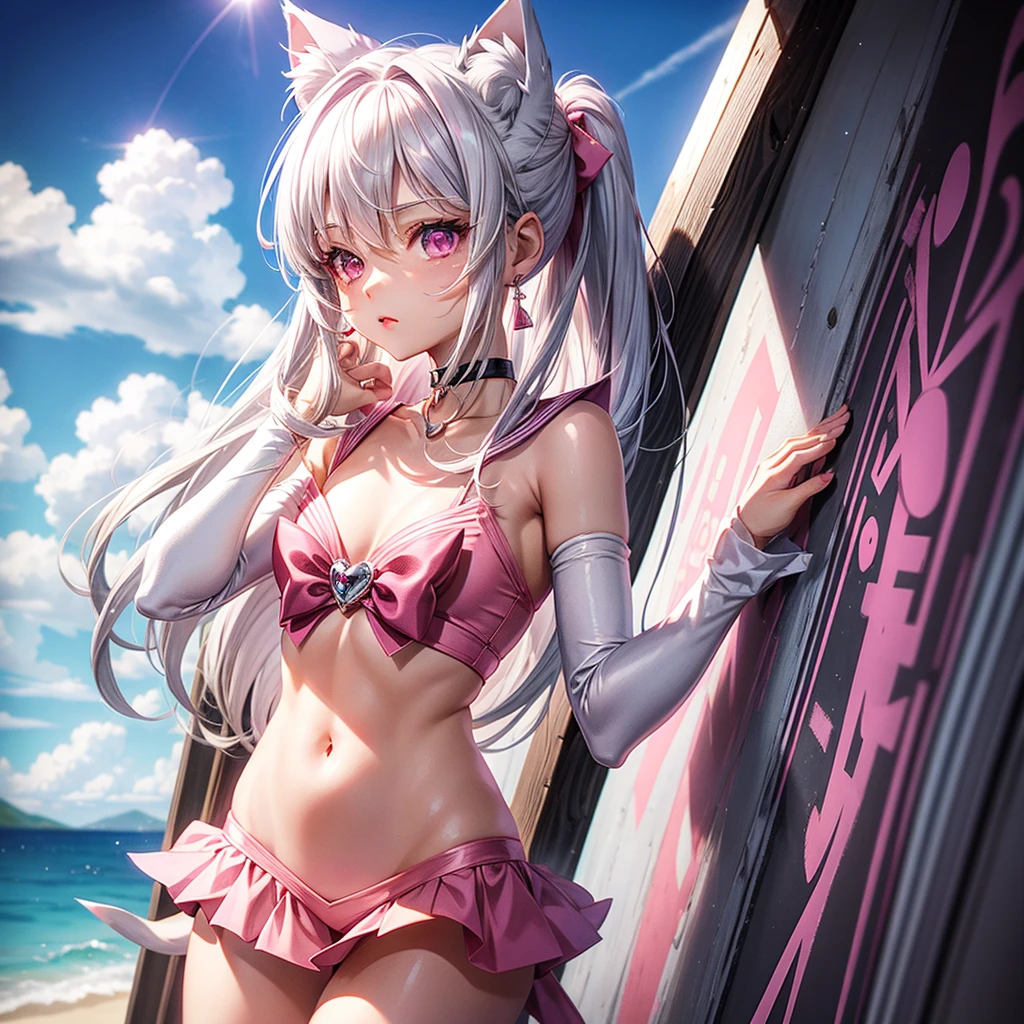 Silver hair, pink eyes, body, cat ears, sexy girl, earrings, cloud and sun background, hair bows, sailor scout, pink red, choker necklace 