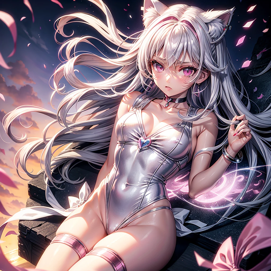 Silver hair, pink eyes, body, cat ears, sexy girl, earrings, cloud and sun background, hair bows, sailor scout, pink red, choker necklace