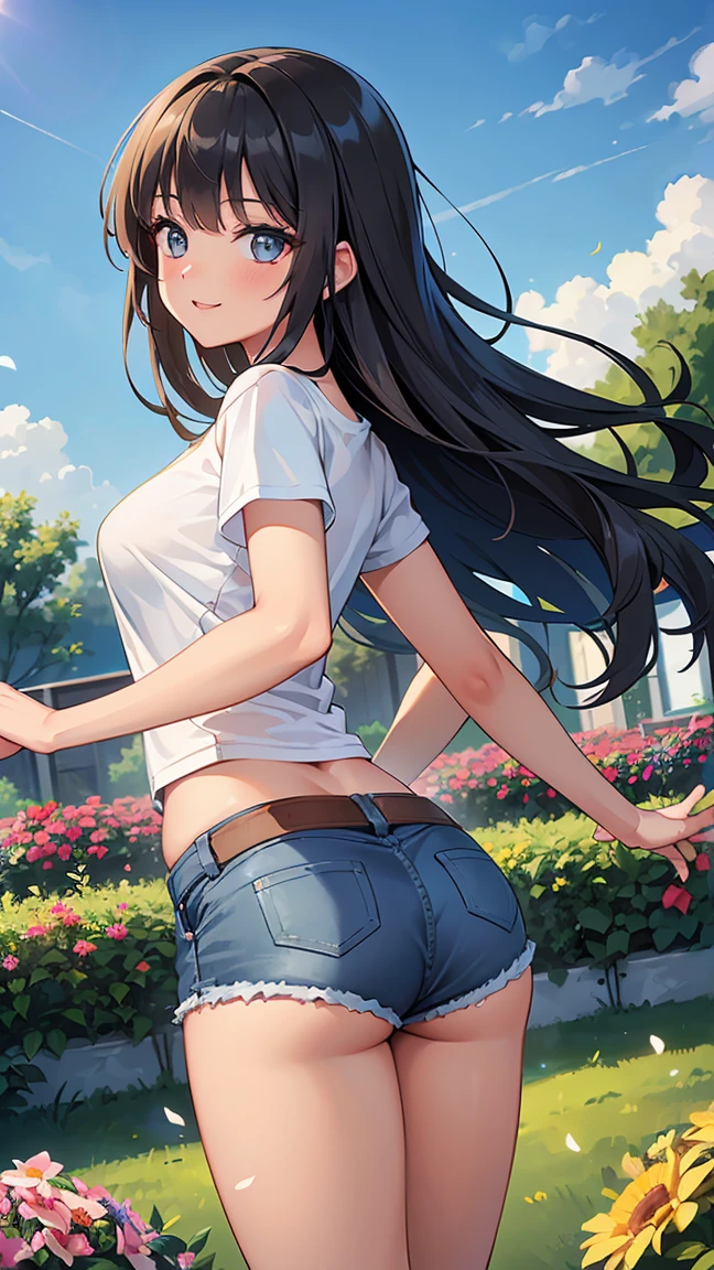 (8K, Live shooting, best quality, muste piece: 1.2), High-definition RAW color photo, Professional photography, cinematic light, ((1 girl)), focus on butt, (Low - Angle:1.2), super cute face, (black long hair), smile, Gorgeous body, glossy lips, slender body, big breasts, small butt, ((T-shirt, denim shorts, )), with your back turned:1.5, Are standing:1.2, Turn around pose, natural makeup, long eyelashes, shiny hair, asymmetrical bangs, tanned skin, pretty face, beautiful detailed eyes, beautiful body, beautiful chest, beautiful thighs, beautiful legs, (((clean fingers, 5 fingers on hand, five fingers))), (((flower garden, garden))), central image, high resolution, high detail, detailed hairstyle, detailed face, epic movie lighting, lively, hyper real, perfect limbs, perfect anatomy, anatomically correct,
