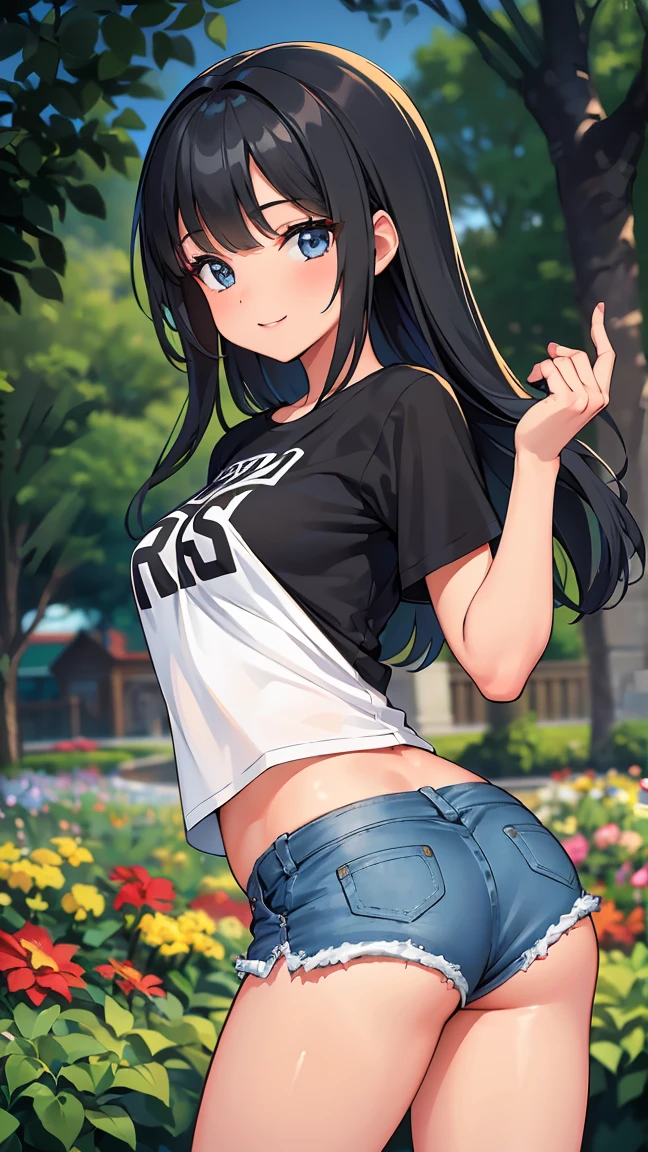 (8K, Live shooting, best quality, muste piece: 1.2), High-definition RAW color photo, Professional photography, cinematic light, ((1 girl)), focus on butt, (Low - Angle:1.2), super cute face, (black long hair), smile, Gorgeous body, glossy lips, slender body, big breasts, small butt, ((T-shirt, denim shorts, )), with your back turned:1.5, Are standing:1.2, Turn around pose, natural makeup, long eyelashes, shiny hair, asymmetrical bangs, tanned skin, pretty face, beautiful detailed eyes, beautiful body, beautiful chest, beautiful thighs, beautiful legs, (((clean fingers, 5 fingers on hand, five fingers))), (((flower garden, garden))), central image, high resolution, high detail, detailed hairstyle, detailed face, epic movie lighting, lively, hyper real, perfect limbs, perfect anatomy, anatomically correct,