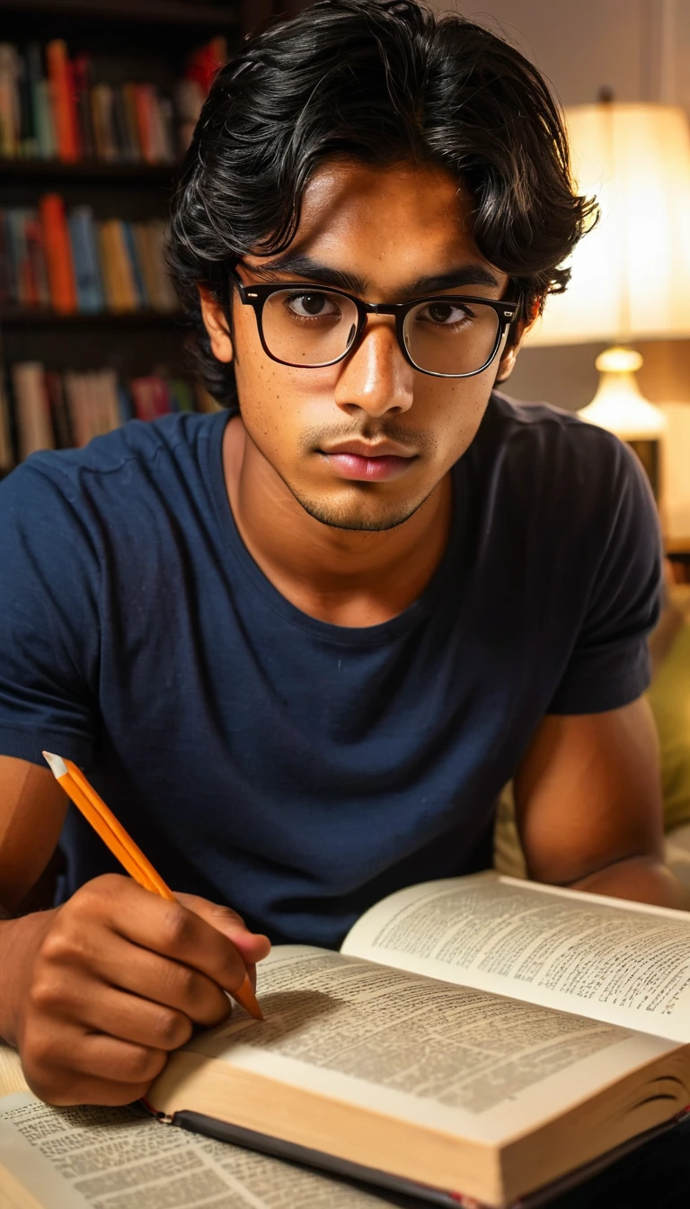 (Photography, Realism: 1.4),
23 years old, male, black hair, smart looking, Maldivian, highly detailed eyes, highly detailed face, brown eyes, freckles, glasses, reading in his home, at nigh, looking towards the book, Don't look camera 