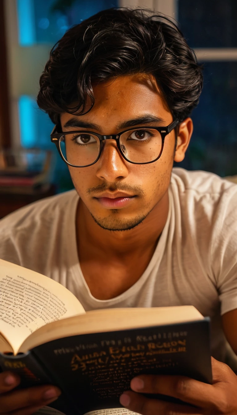 (Photography, Realism: 1.4),
23 years old, male, black hair, smart looking, Maldivian, highly detailed eyes, highly detailed face, brown eyes, freckles, glasses, reading in his home, at nigh, looking towards the book, Don't look camera 