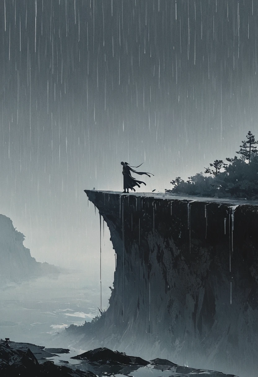 A simple one,Minimalist illustration, 1 把红色rain伞悬在空中,rain伞上的流苏,Figure falling off a cliff,On the edge of a cliff,bridge，rain