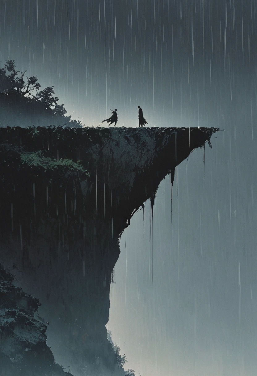 A simple one,Minimalist illustration, 1 把红色rain伞悬在空中,rain伞上的流苏,Figure falling off a cliff,On the edge of a cliff,bridge,rain