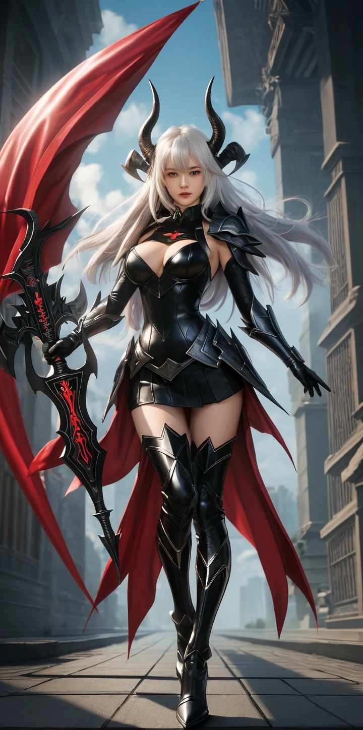 Voluptuous, Busty Blonde Female Dark Knight in ((((Black Full Plate Metal)) Bikini Armor)), Red Eyes, Thigh high Full Metal Plate Armored Boots. (((Full Body View))), Long hair, Messy bun, Wielding a Black Great Sword, (Red Cloak), (Red Pleated Skirt), detailed, perfect makeup, beautiful lips, large hoop earrings, (METAL bikini armor), No Helmet, (No Spikes), Tall girl, Long legs