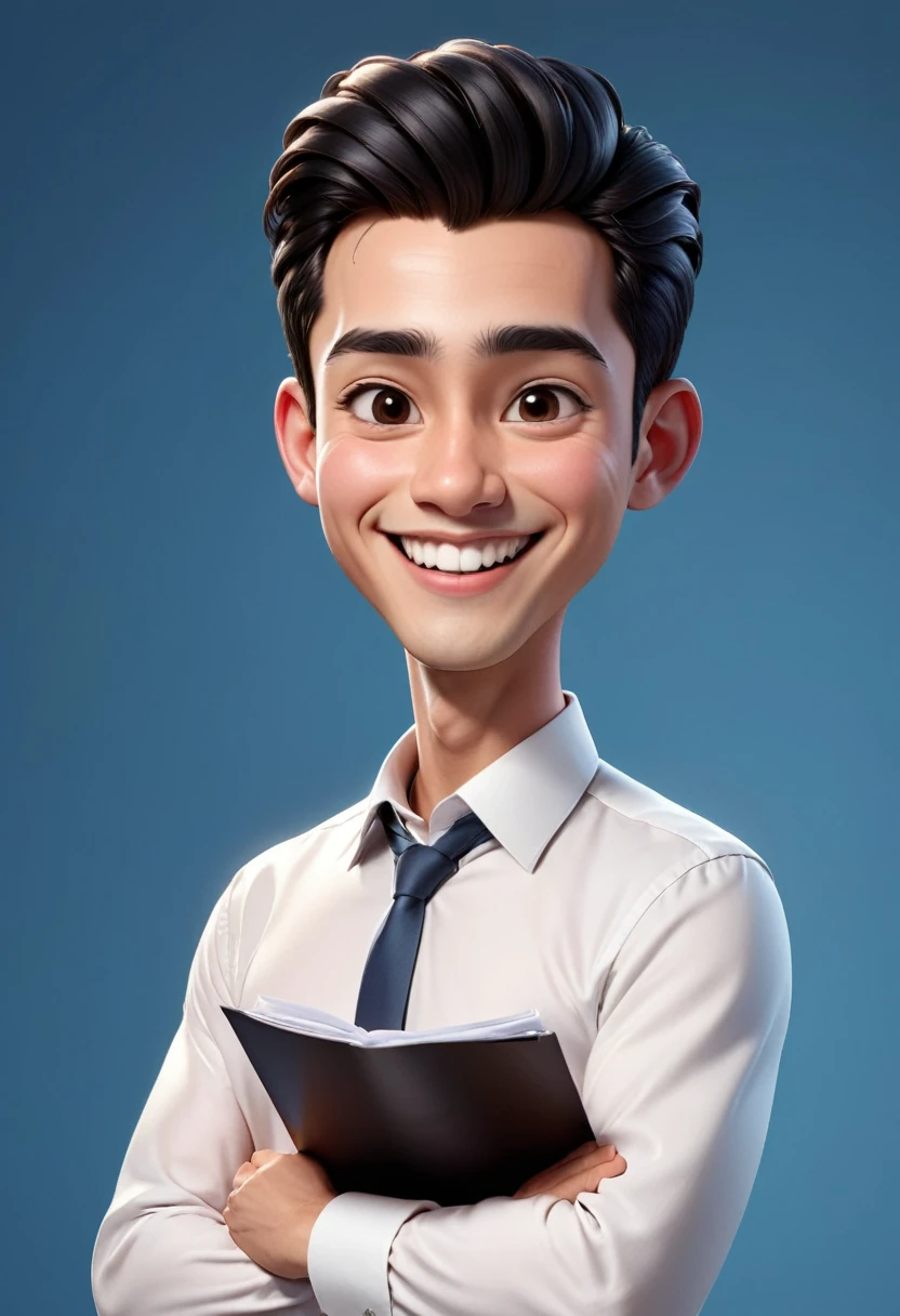 Create a 3D animation of a big-headed cartoon caricature. a 17 year old Indonesian woman beatiful. She has charming long straight black hair. His face is oval with smooth lines, thick and neat black eyebrows, normal eyes, a big nose, and thin lips with a wide, friendly smile. He wore a white shirt and carried a document in his hand. Gradient blue background with professional lighting. masterpiece, top quality, highly detailed skin and face, ultra-realistic, high definition, studio lighting, sharp focus, full body visible, Concept Art, 3D rendering.