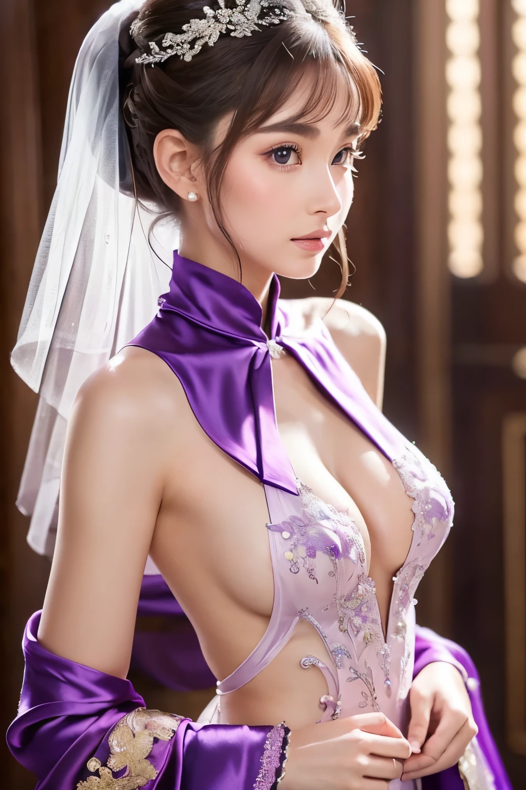 8K、 (Super sexy purple outfit made of shiny silk), Enchanting Girl, Very detailed,Audrey Hepburn, Exquisite decorative details 、Pastel tones 、 Very intricate details 、 Realistic Light,Luxury Bridal Dress,(((sideboob)))、From the side
