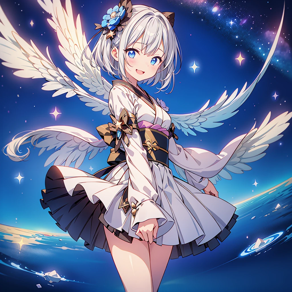 1GIRL,Star Fairy、(masterpiece, Highest quality), One girl, 「Beautifully printed galaxy patterned kimono and gothic ta outfits.、Space Pattern Ruffle Box Pleated tand in front of the audience、Knee-high boots、Captivating eyes、Perfect and amazing face、Exquisite detail、Clear images、Highest quality。」Milky white and blue gradient short hair、smile、Laughing happily、