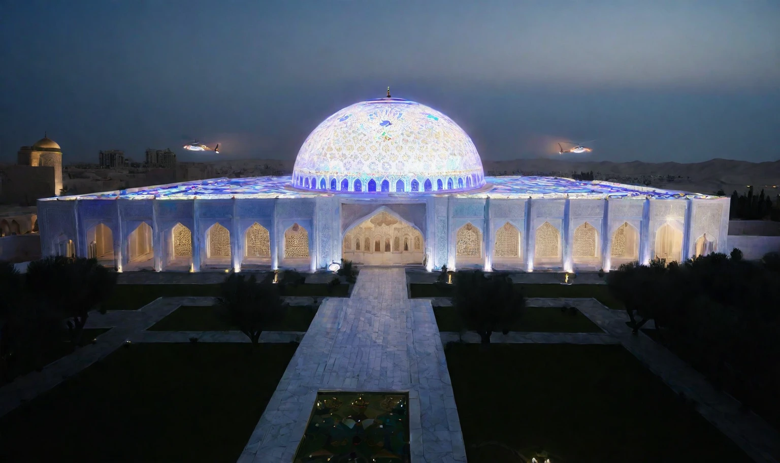 There is a helicopter in the sky，Helicopter lights shining on the dome，Futuristic Persian Palace, In Persian temple