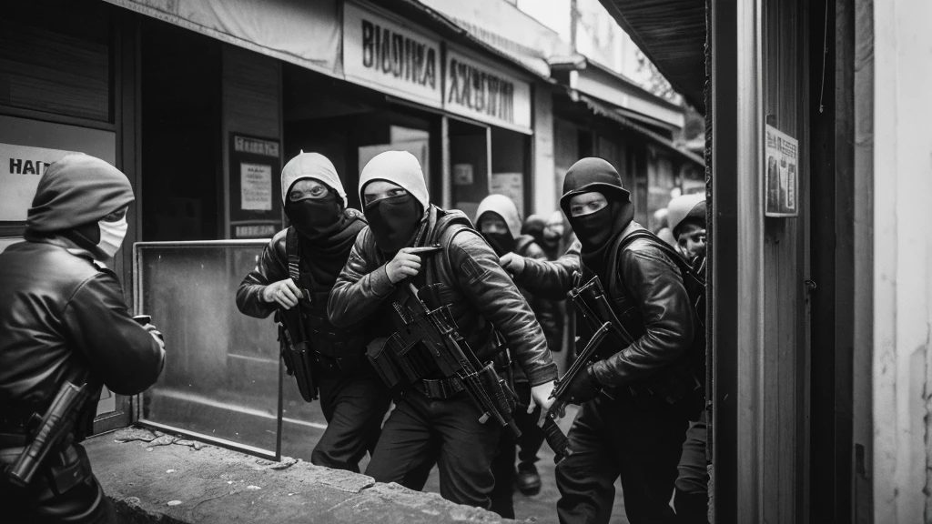 1930s, monochrome photography, A group of terrorists in Southeast Asia, Robbers breaking into a safe, mouth and nose covered with a black bandana, 32K, Best quality, Masterpiece, super detail, High Details,