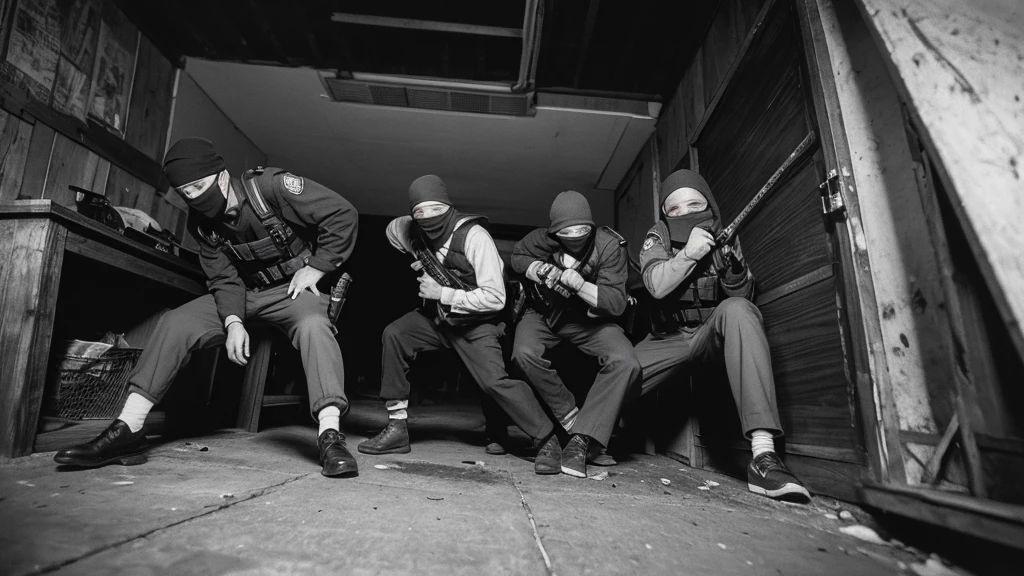 1930s, monochrome photography, A group of terrorists in Southeast Asia, Robbers breaking into a safe, mouth and nose covered with a black bandana, 32K, Best quality, Masterpiece, super detail, High Details,