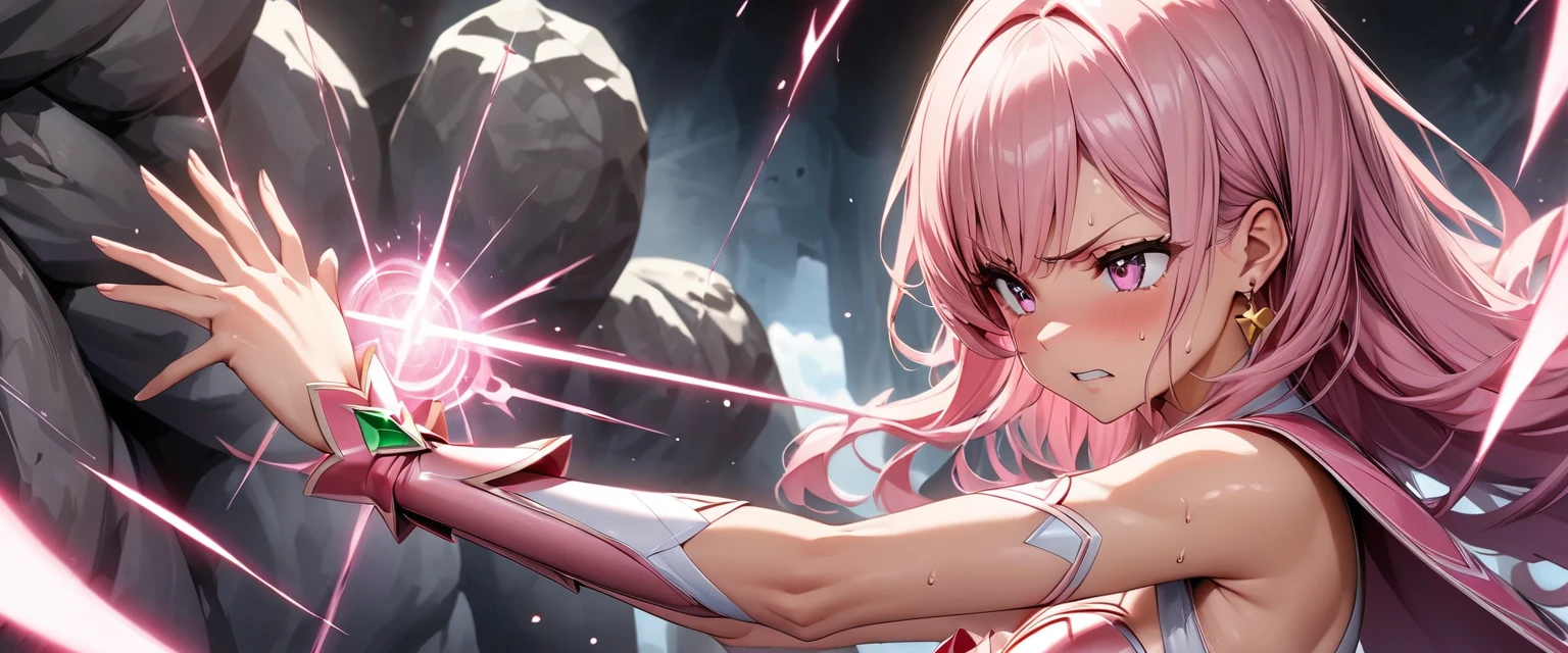 (Perfect Anatomy)、Mastepiece、Ultra High Quality、 8K、masterpiece、Highest quality、Ultra-high resolution、Maximum resolution、Very detailed、Professional Lighting、anime、woman、thin、so beautiful、Highly detailed eye、Highly detailed face、Golden earrings、Pink Hair,、Pink eyes, upper arm pink armor, white leotard, pink pattern, full body, magical girl, Angel Girl, fighting pose, (((shoot magic from your hands))), sweat, magic attack, (fight multiple golem1.3), angry, From the side