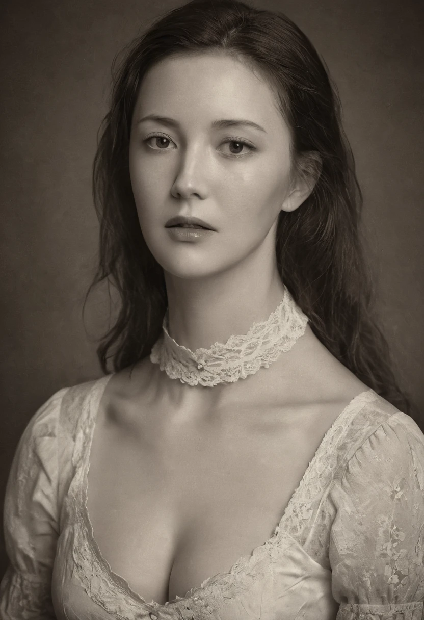 from abobe A Victorian-era woman poses for a head and shoulder portrait in a photograph style. Sepia tones, 19th-century aesthetics, stern expression, lace cleavage collar, simple dress, dark background, soft diffused lighting, slight vignette, subtle shadows, worn textures, detailed fabric, Lynda Carter inspiration, natural skin texture, melancholic mood, timeless atmosphere.