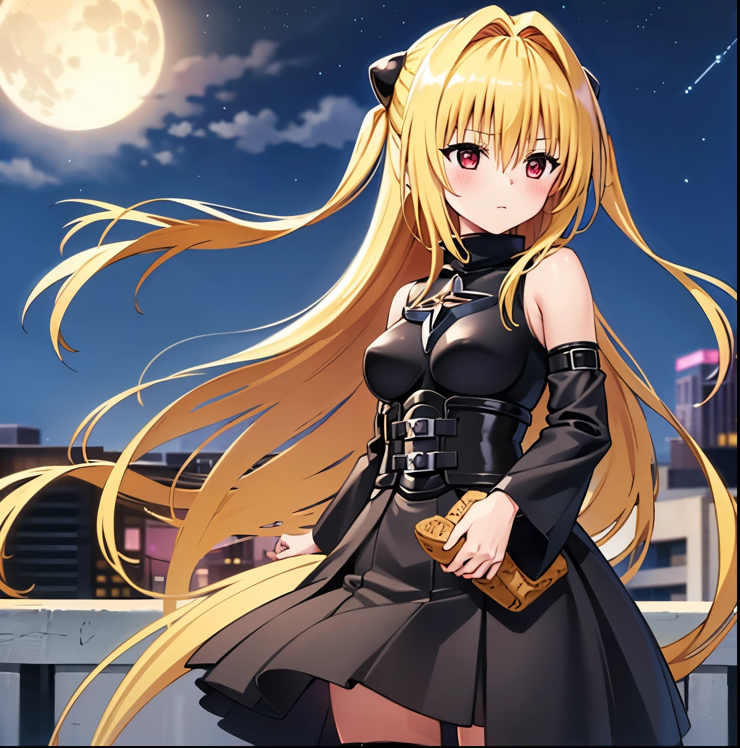 (1girl),(alone), konjiki no yami, (alone), long hair, taiyaki, blonde hair, hairpins, thigh strap, red eyes, wagashi, very long hair, separate sleeves, hair clips, bag, looking to the viewer, black dress, dress, medium breasts, narrow waist, wide hips, wide thighs, round butt, leaning forward, hair between eyes, blush, hair ornament, two sides up, bangs, cowboy shot, posture dynamic, ultra detailed, detailed eyes, sharp focus, masterpiece, stoic expression, blushing, bare shoulders, standing, exterior, night, giant moon, Tokyo, Metropolis, on top of a building, leaning on a railing:1.5, view of the city:1.5, City lights:1.5), perfect hands, perfect anatomy, long sleeves, floating hair, eating, to love-ru, looking forward,((focus on breasts)),pov(from middle), perfect anatomy, perfect hands