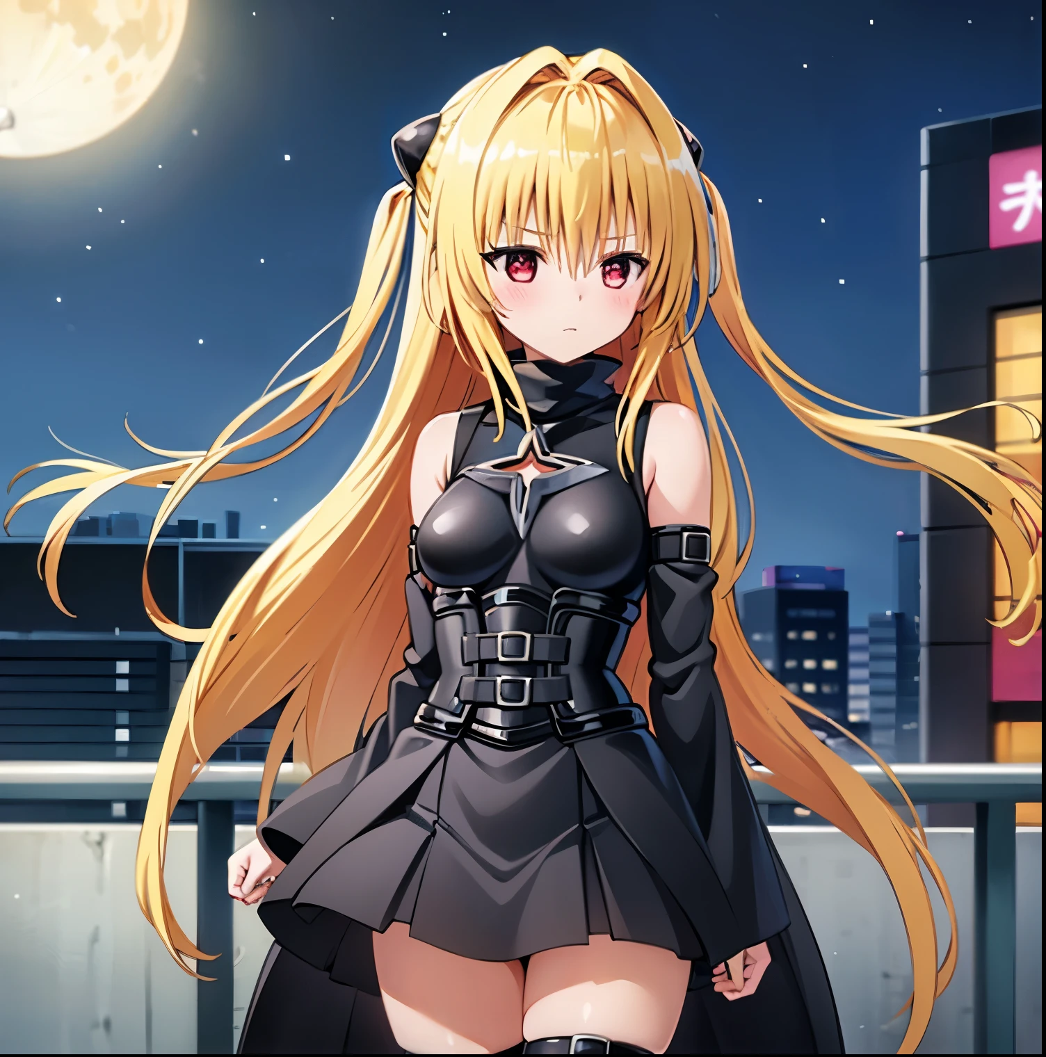 (1girl),(alone), konjiki no yami, (alone), long hair, taiyaki, blonde hair, hairpins, thigh strap, red eyes, wagashi, very long hair, separate sleeves, hair clips, bag, looking to the viewer, black dress, dress, medium breasts, narrow waist, wide hips, wide thighs, round butt, leaning forward, hair between eyes, blush, hair ornament, two sides up, bangs, cowboy shot, posture dynamic, ultra detailed, detailed eyes, sharp focus, masterpiece, stoic expression, blushing, bare shoulders, standing, exterior, night, giant moon, Tokyo, Metropolis, on top of a building, leaning on a railing:1.5, view of the city:1.5, City lights:1.5), perfect hands, perfect anatomy, long sleeves, floating hair, eating, to love-ru, looking forward,((focus on breasts)),pov(from middle), perfect anatomy, perfect hands