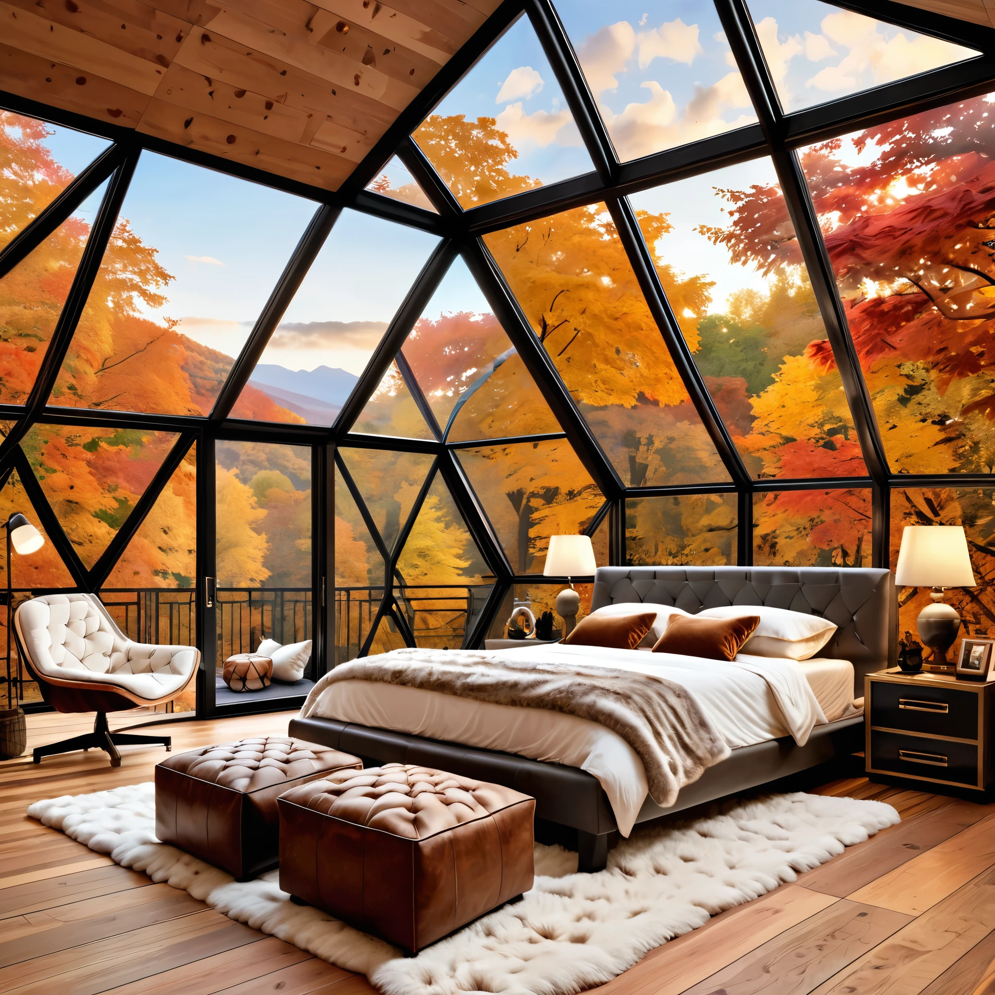 Design a cozy and luxurious bedroom inside a geodesic dome with large triangular windows offering a stunning view of autumn foliage. The room features a comfortable bed with plush pillows and warm blankets, surrounded by soft lighting from bedside lamps. Include a tufted ottoman and a cozy armchair with a fur throw, creating a relaxing seating area. The wooden floor is adorned with a fluffy rug to enhance the warm and inviting atmosphere. Add a small bookshelf and a few decorative items to complete the look, ensuring the space feels both elegant and homely