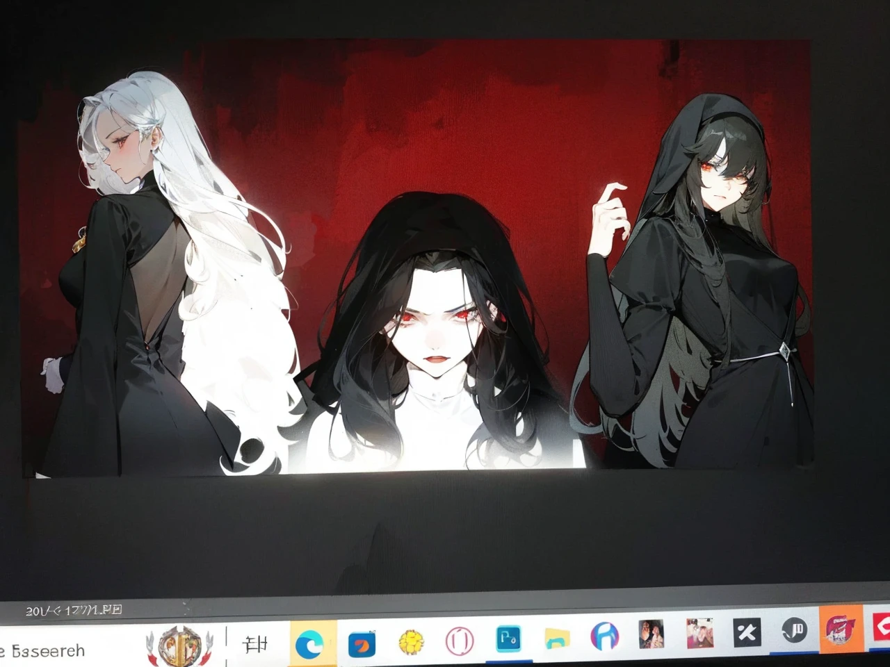 Make an anime poster, has 4 women in it, on the left side a classy dressed beauty with only the colors red and white, has an angelic presence but a demonic personality, she wears a hat on her head and a long mature gown. On the middle, a millitary general with black and white hair, and a blindfold covering her eyes. Behind her in the back, a woman faded in the background, only her eyes red Phoenix can be seen. Finally at the very right side a nun with a blindfold and a church nun fantasy black dress, holding her hands together symbolizing a prayer gesture.