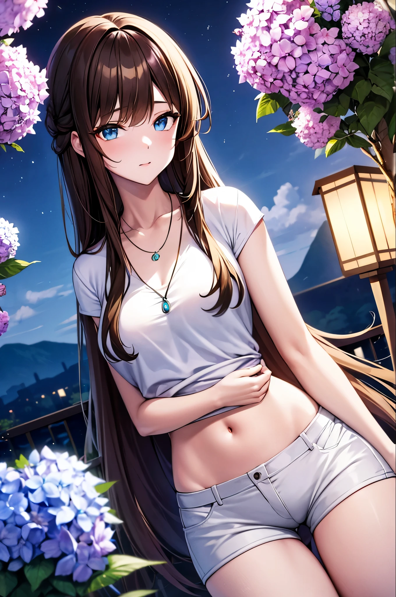 4K, June scenery, Beautiful woman, Long Hair, Brown Hair, Medium chest, blue eyes, White shirt, hot pants, Neon Red Heart Necklace, View your viewers, night, Multicolored hydrangea