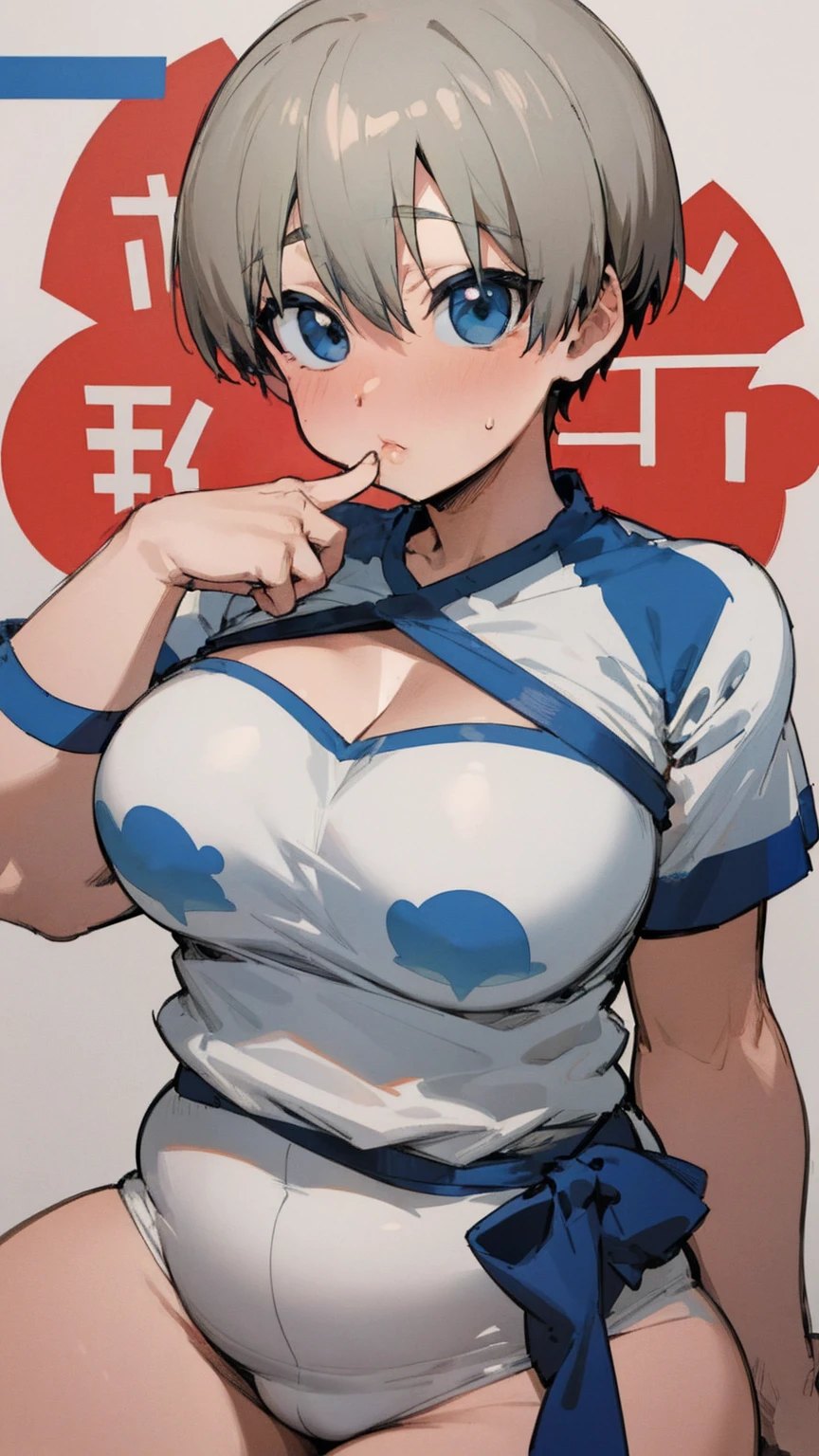 masterpiece, best quality, ultra-detailed, Potrait of beautiful , (chubby) (muscular), (plump), (sexly), (cleavage), ((tomboy)), (アニメ), (Breasts), (Plump), ((very short hair)), ((Uzaki Hana)), (overweight), (Gray Hair) (Wearing white clothes), ((Saggy breasts)), (blue eyes), (Short Hair), (blue eyes), ((thick)), (sleeves are blue), (Short sleeve)