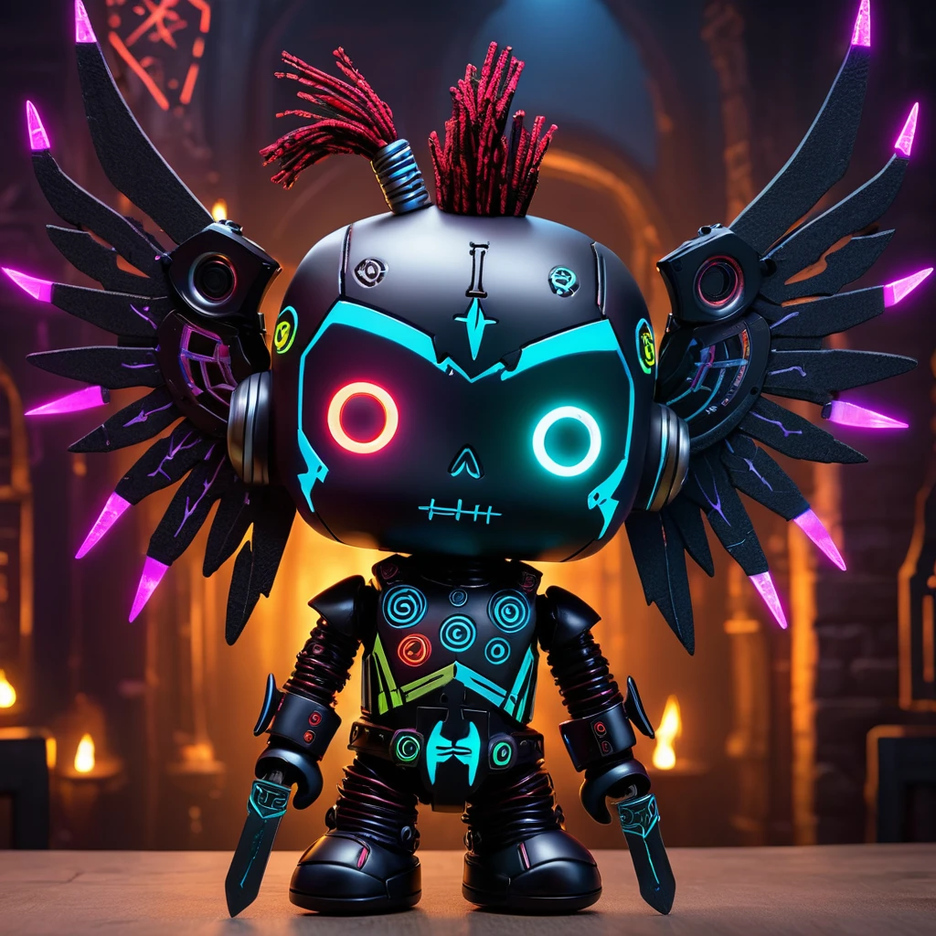 (knitted toy voodoo doll:1.7), (Voodoo Gothic Cyberpaladin:1.3), (Clothing: gothic armor with cybernetic implants, dark cloak with neon trim, leather pants with integrated energy channels:1.0), (Accessories: glowing two-handed sword with color-changing runes, nanotech shield with gothic patterns, mechanical wings emitting sparks:1.2), (background: ruined gothic castle surrounded by a futuristic city, holographic symbols glowing in the air:1.2), best quality, masterpiece, detailed soft oil painting, detailed background, dramatic cinematic lighting, soft edge lighting, professional, dramatic lighting, hard edge lighting, ultra quality, 4k, masterpiece, best quality, 8k, ultra high definition, high resolution, extremely detailed