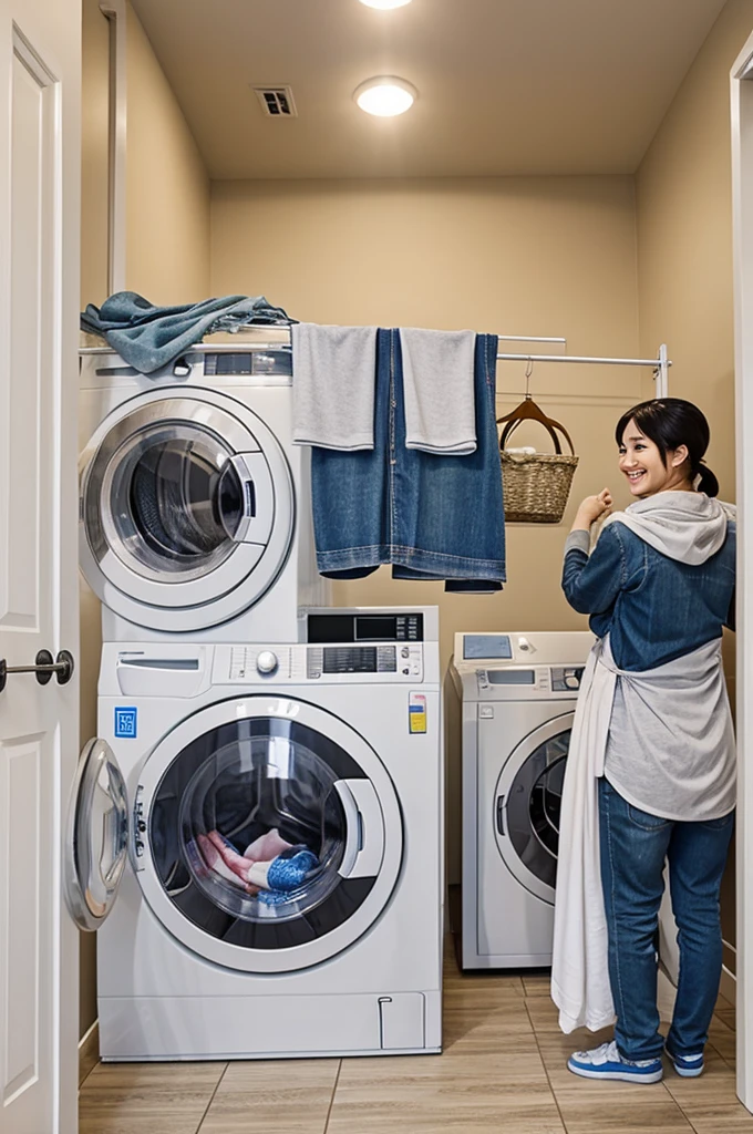 Smiling anime cow named bubble working in laundry, has clothes hanging, It has washing machines and a table with folded clothes.