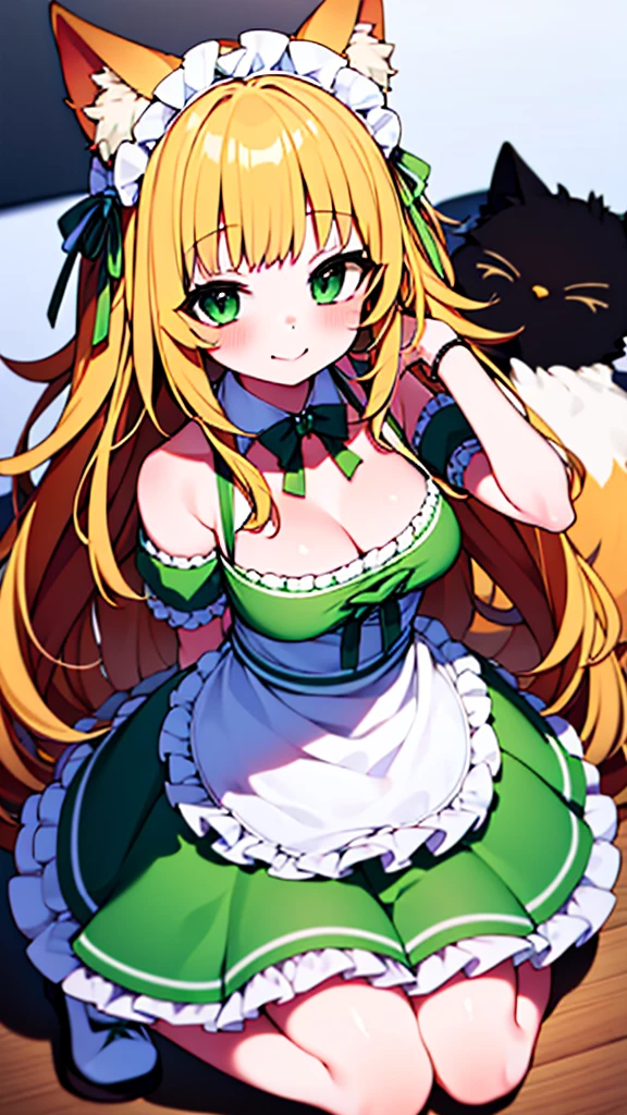 1girl, full body shot, ((Chiffon from maimai, cosplay)), blonde, Cat ears, green eyes, fox tale, joy, happy, (Green maid outfit, Cream white apron),  (best quality, masterpiece, perfect face)