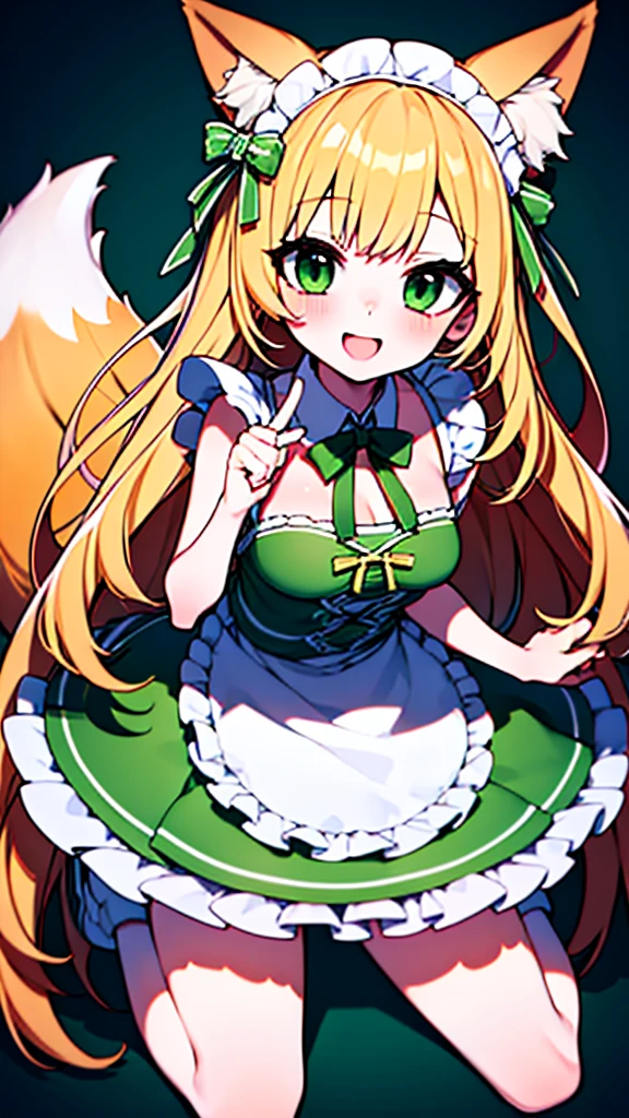 1girl, full body shot, ((Chiffon from maimai, cosplay)), blonde, Cat ears, green eyes, fox tale, joy, happy, (Green maid outfit, Cream white apron),  (best quality, masterpiece, perfect face)