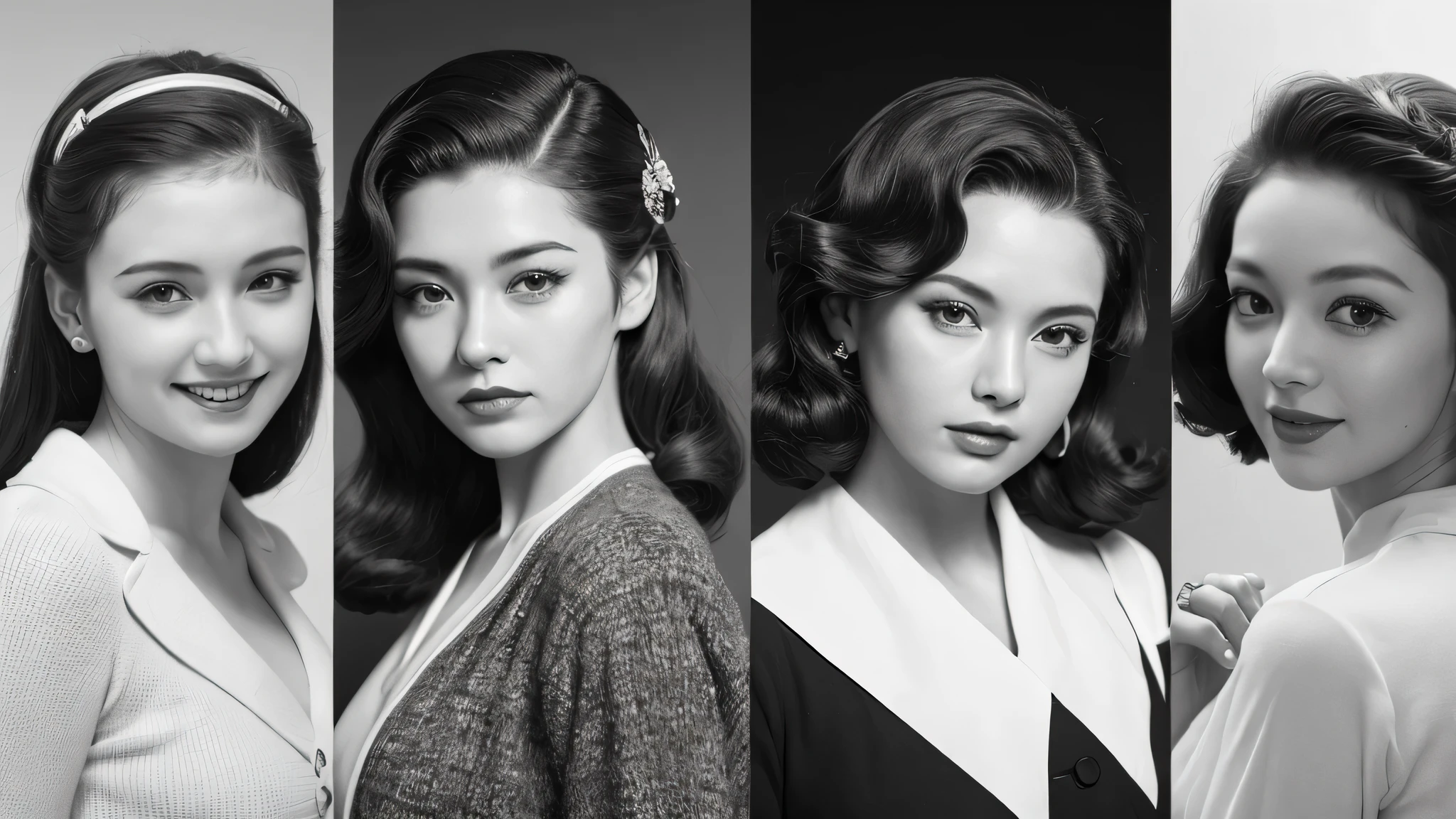 (1940s women:1.3), (1women:1.3), smile shyly, (highly detailed face), (extremely detailed beautiful face), (Early Showa hairstyle, retro hairstyle, 1940 fashionable clothing, oldies fashion:1.3), (Best Quality:1.4), (Ultra-detailed), extremely detailed CG unified 8k wallpaper, Realistic portrait, Beautiful detailed, High-definition raw color photos, professional photography, (fine face:1.2), focus on women, (oldies, oldies songs, Old photos, retro photos, sepia photos, black and white photos, valuable photos that give you a sense of the times),