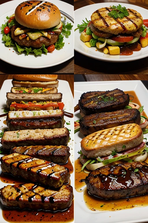 [Montage of different dishes being prepared: ribs, chicken wings, burgers, and grilled vegetables, all generously coated with the sauce.]