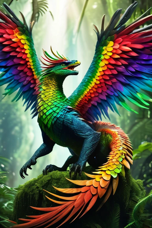 feather winged flying serpent, rainbow scales, sharp fangs, molten green eyes, looming above a rainforrest, highly detailed, cinematic lighting, hyper realistic, 8k, award winning digital art, stunning composition, photorealistic, vibrant colors, dramatic lighting, intricate details, fantastical creature, lush environment, awe-inspiring, majestic, masterpiece ((full body))