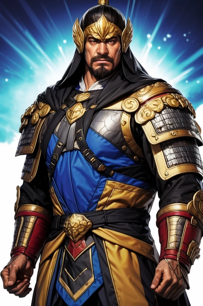 8K,middle aged man,ornate armor(The elaborately crafted coat of arms of a nobleman),ultra high resolution,surreal,realistic skin,Black hair short hair,big black eyes,clear eye description, muscular body,waist armor,delicate hands, Perfect hand shape, character art, action pose,masterpiece,Realistic RAW photos of the highest quality,bright colors,rich colors, backlight, movie lights, film grain,50mm lens