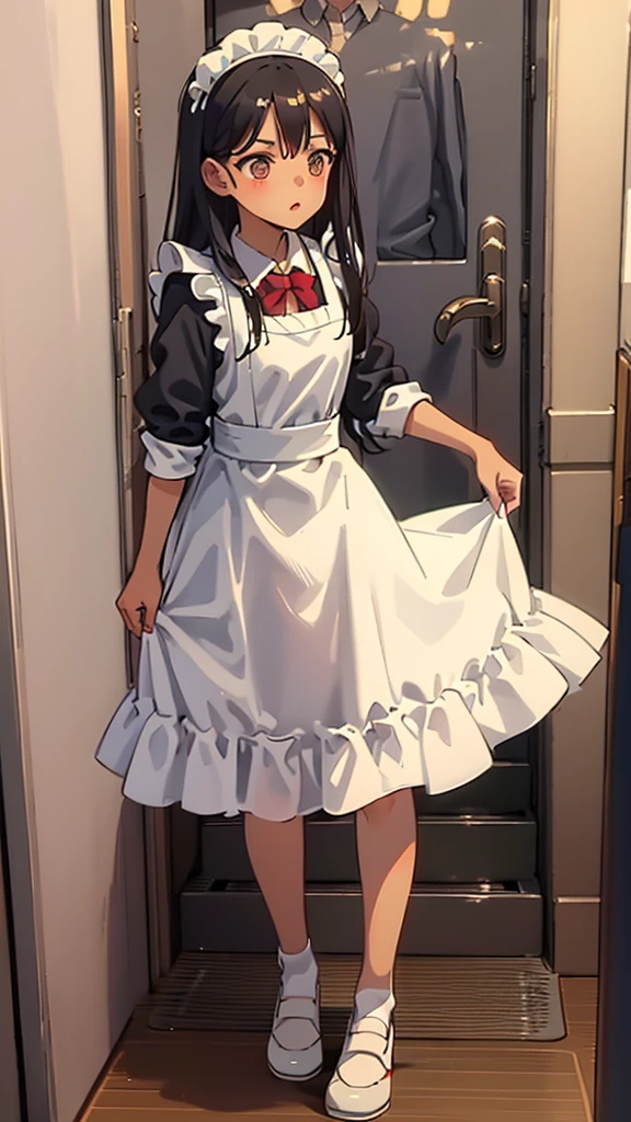 Beautiful girl,Wearing maid outfit,Detailed white(White in red)。Wear shoes。A bottom-up perspective。Action settings:Carrying plates