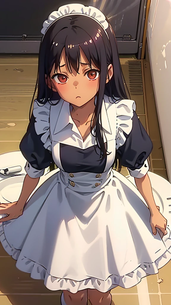Beautiful girl,Wearing maid outfit,Detailed white(White in red)。Wear shoes。A bottom-up perspective。Action settings:Carrying plates